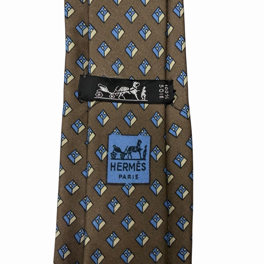 Hermes Men's Vtg Tie Geometric "H" Logo Brown/Blue Silk 914 HA 3.25" x 56.5" euc - Picture 1 of 5